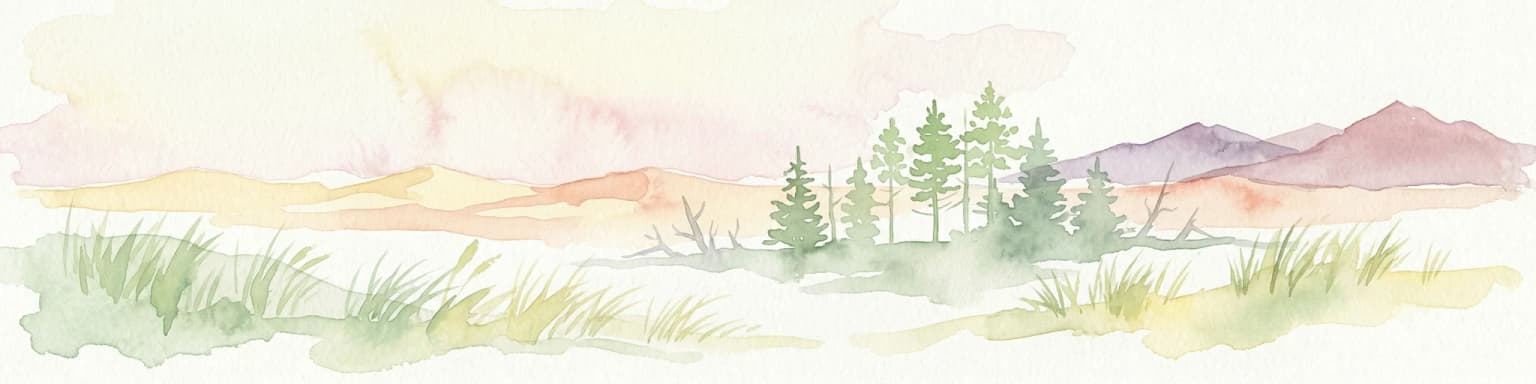 Watercolor illustration of sand dunes, tall grasses, pine trees, and distant mountains under a soft sky