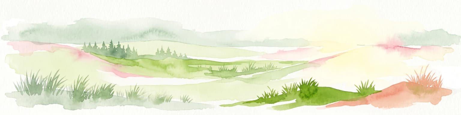 A horizontal watercolor illustration depicting rolling green hills, patches of tall grass, a small cluster of pine trees, and dunes under a soft, light-filled sky.