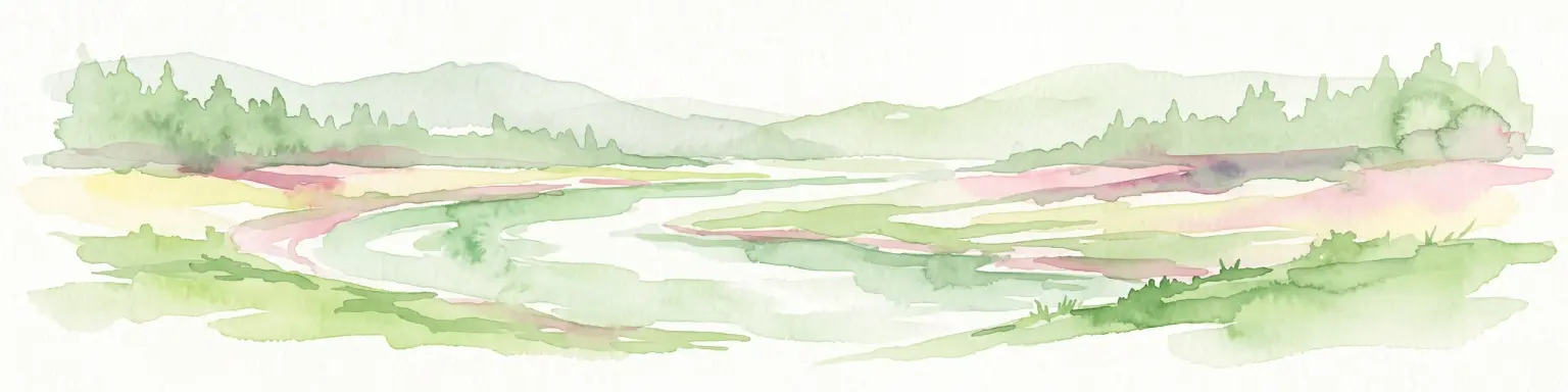 A horizontal watercolor illustration showing a winding river flowing through a lush green valley with rolling hills in the background.