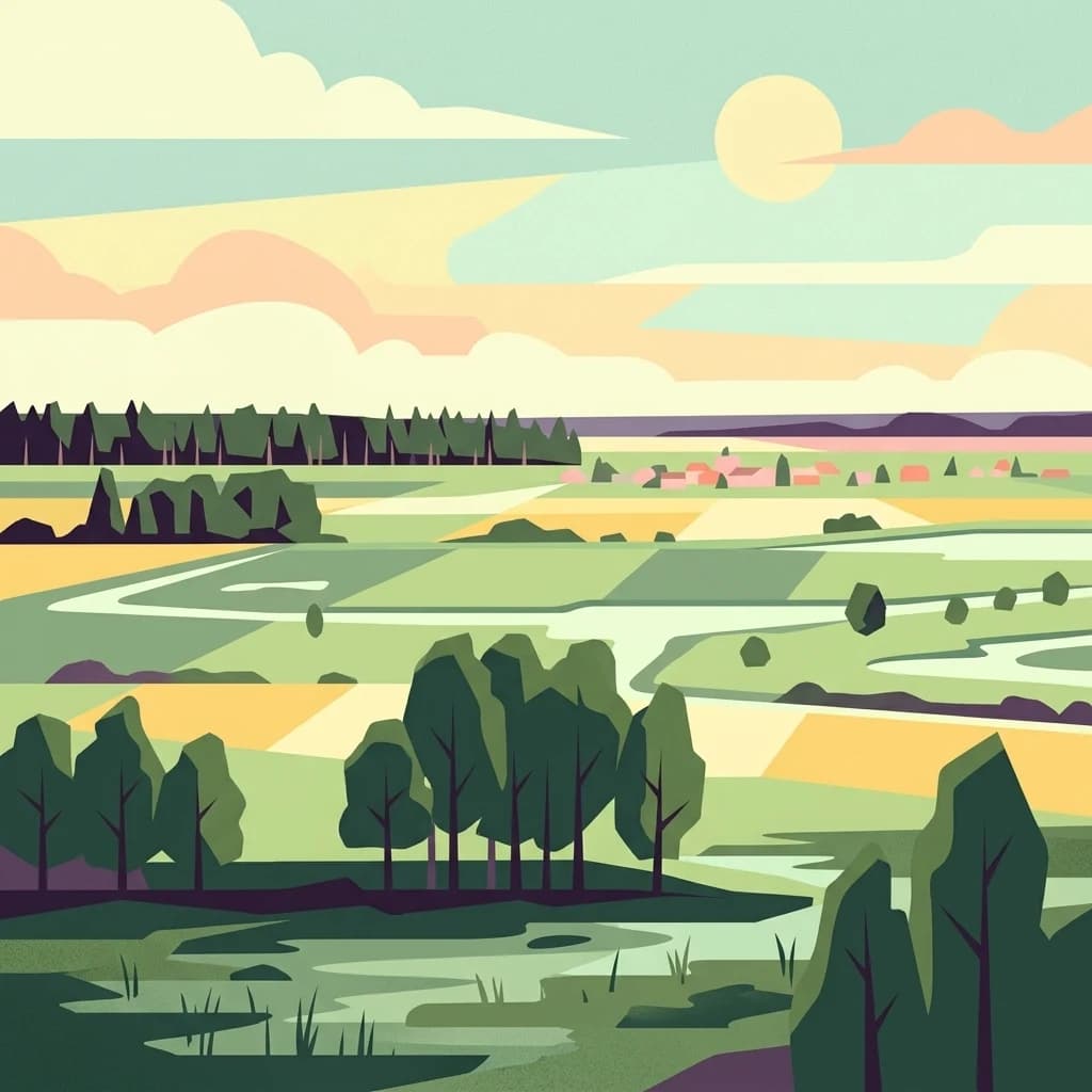Illustration showing a landscape with fields, trees, a river, and a sky with clouds and sun