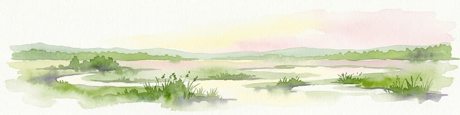Watercolor painting of a river winding through grassy wetlands with distant hills under a pastel sky