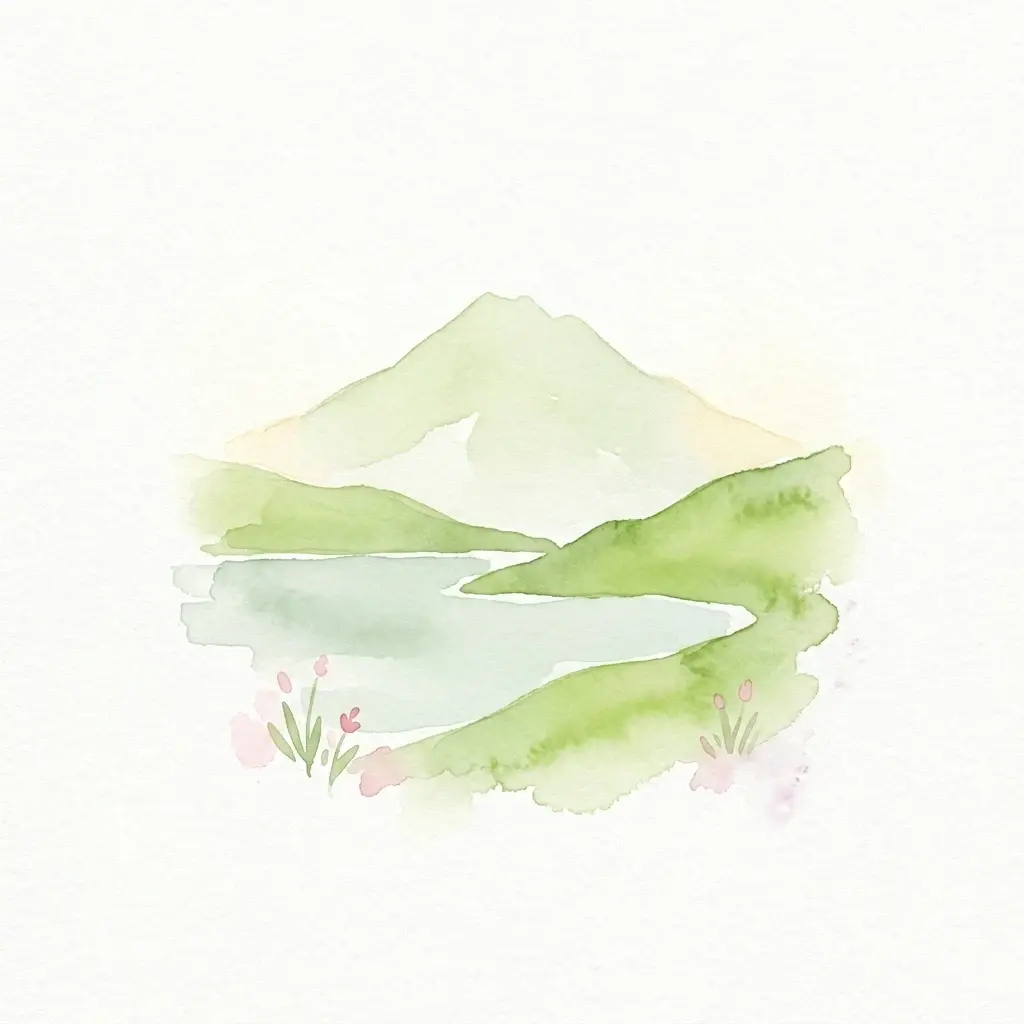 Watercolor illustration of a mountain, lake, and green landscape with pink flowers