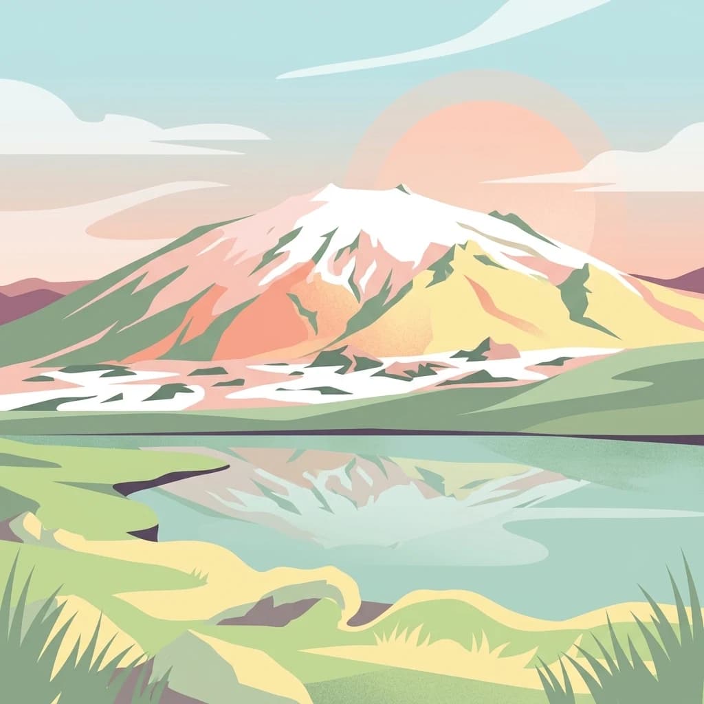 Stylized landscape illustration showing a mountain with snow-capped peaks reflected in a calm lake, surrounded by green fields under a pastel-colored sky