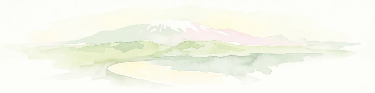 Watercolor illustration of a mountain landscape with a glacier-capped peak and surrounding green fields