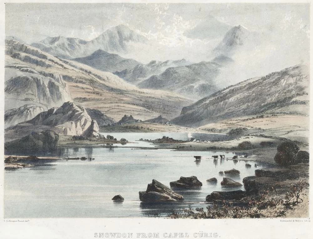 Historical illustration showing Snowdon mountain, a lake with rocky outcrops, and surrounding hills and mountains