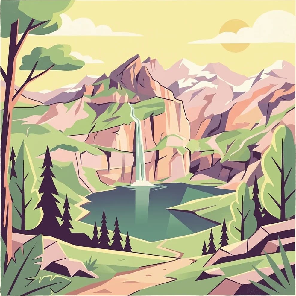 Stylized illustration of a mountain landscape with a waterfall, lake, forest, and rocky terrain under a sunny sky