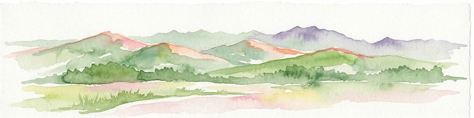 Watercolor illustration of rolling mountains and green valleys with distant peaks