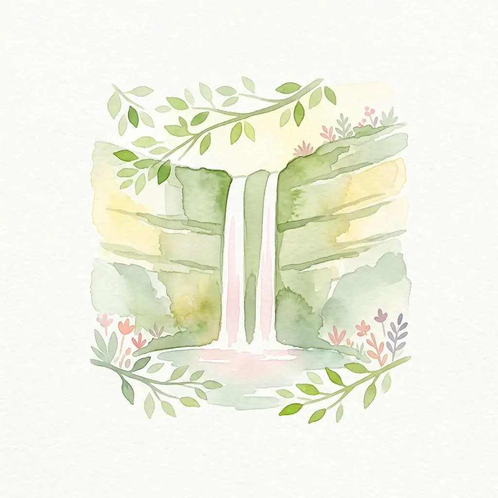 Watercolor illustration of a waterfall with green foliage and floral decorations