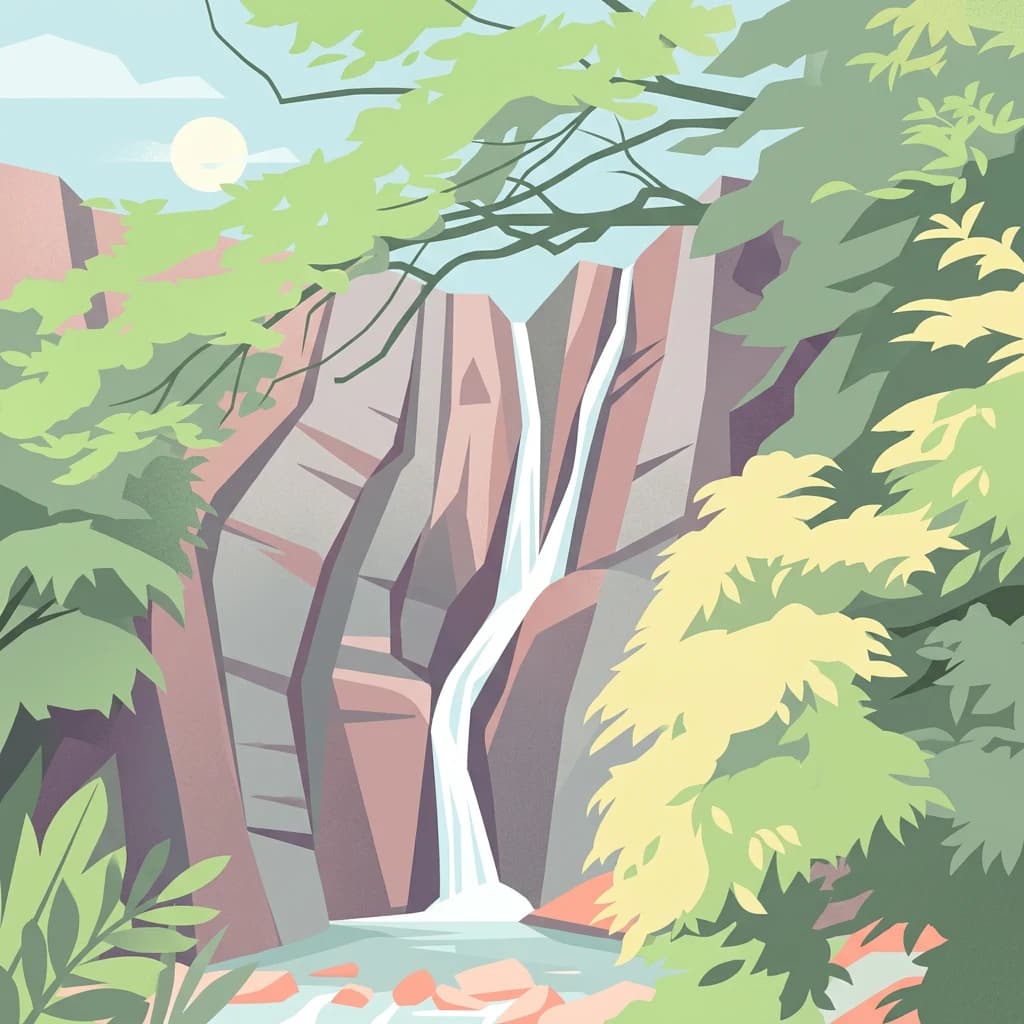 Artistic depiction of a waterfall cascading down rocky cliffs surrounded by green trees and foliage