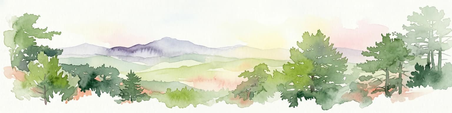 Watercolor illustration of a forested landscape with green trees, rolling hills, and distant mountains