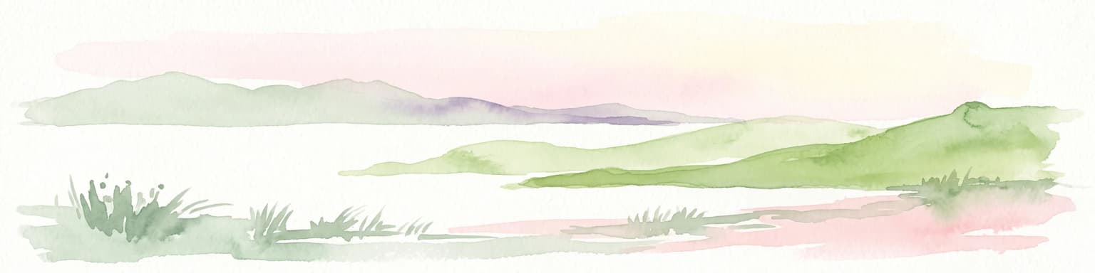 A soft watercolor illustration showing a peaceful coastal landscape with rolling green hills, calm water, and distant island silhouettes under a pale pink sky.