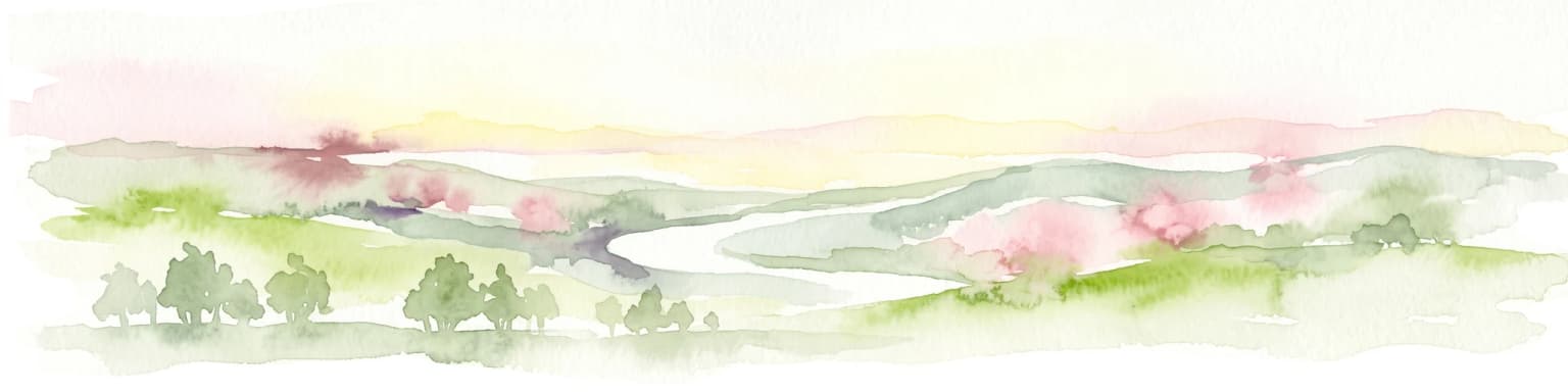 Watercolor painting of a wetland landscape featuring a winding river, rolling green hills, and soft-focus trees under a light sky.