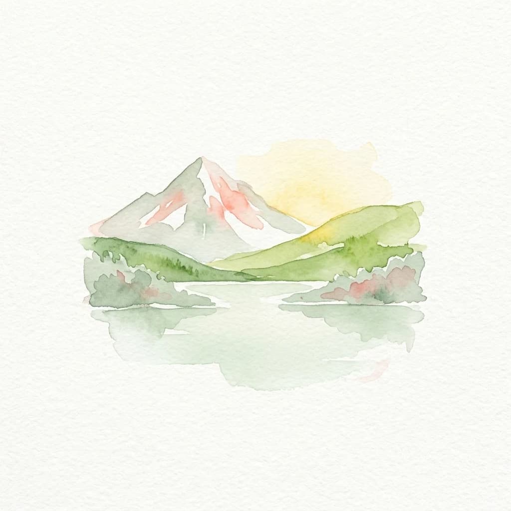 Watercolor illustration of a mountain with snow-capped peak, green hills, a lake, and sunset reflection