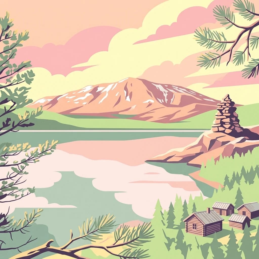 Illustration of a mountain lake with cabins, pine trees, and a stone cairn in a stylized graphic style.