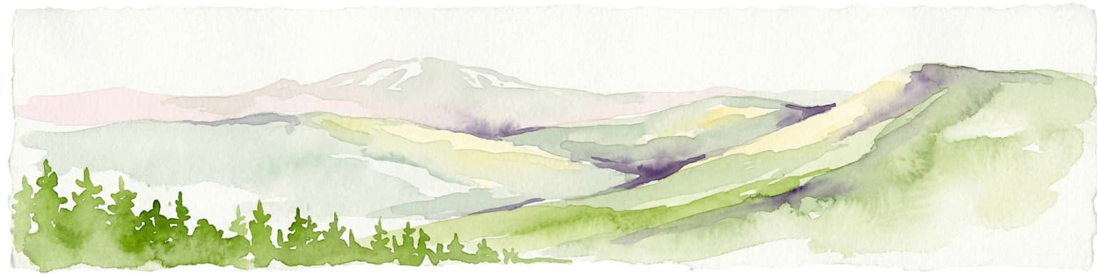 Watercolor painting showing green forests, rolling hills, and distant mountains under a pale sky