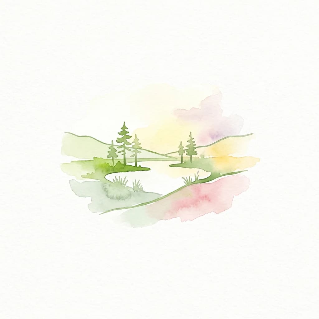 Watercolor illustration of a landscape with green hills, scattered pine trees, a small lake, and pastel-colored sky