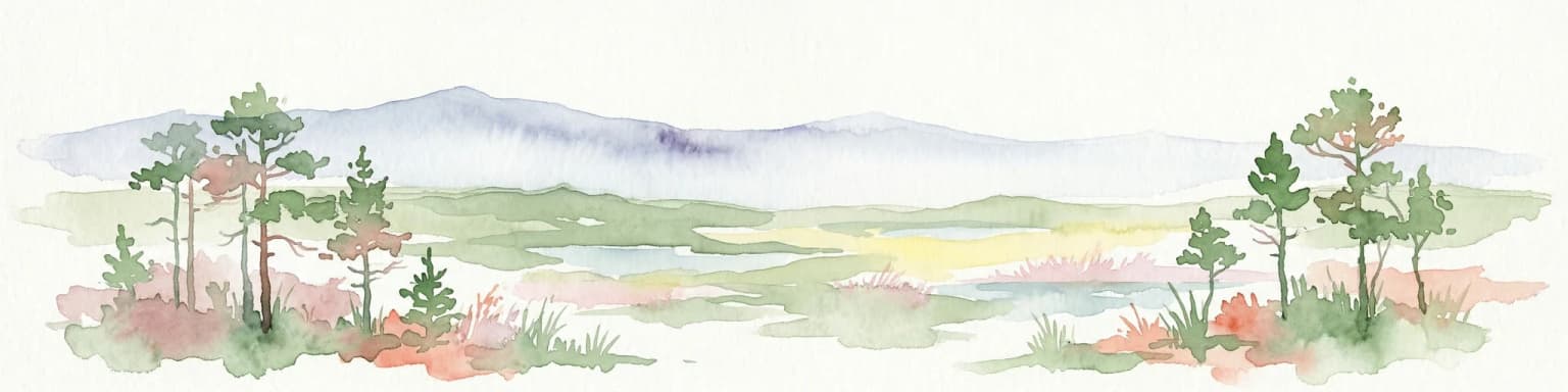 Watercolor painting showing a wetland landscape with scattered trees, marshy areas, and distant mountains under a muted sky