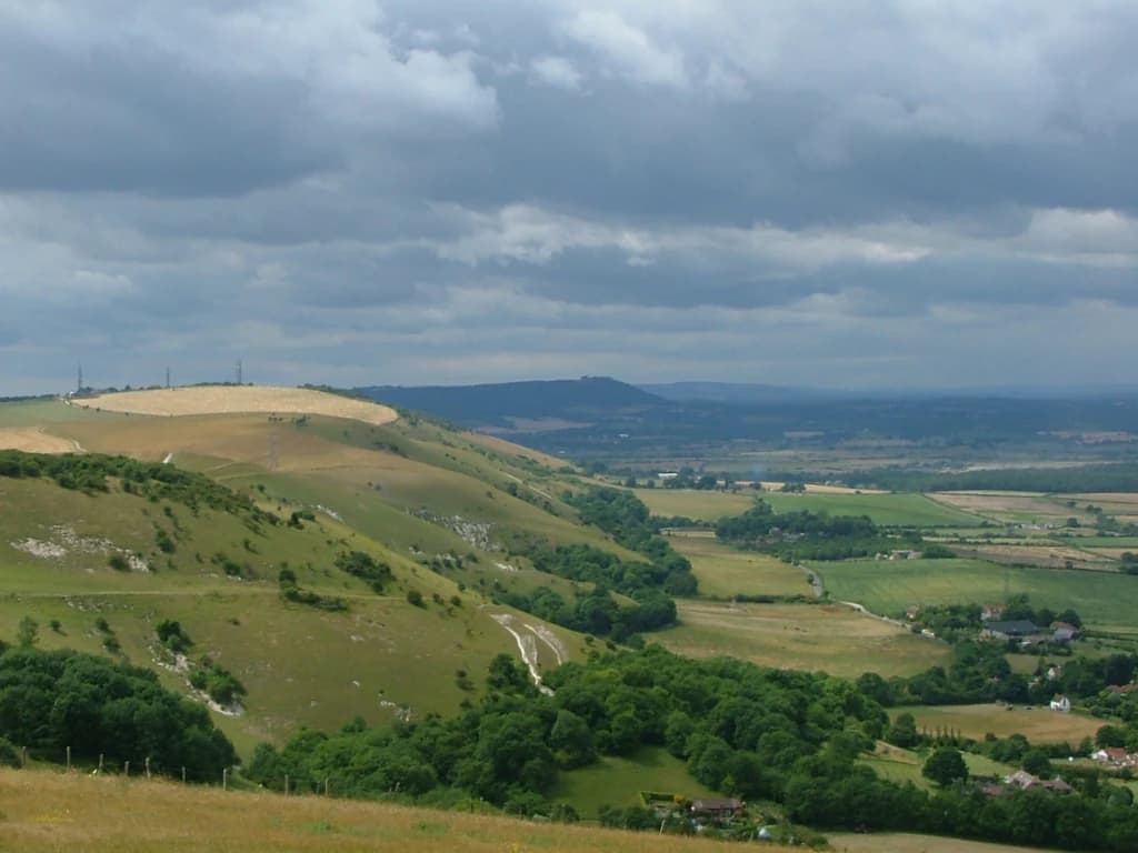 Rolling green hills and valleys with scattered trees under a cloudy sky