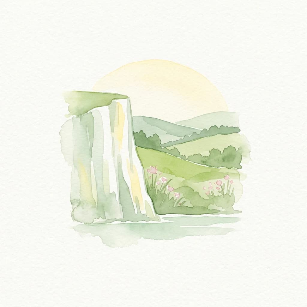 Ilustración en acuarela de un acantilado de tiza, colinas verdes onduladas, flores silvestres rosas y un sol poniente