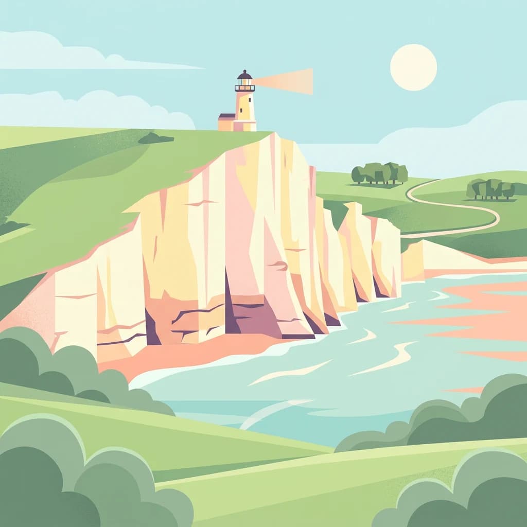 Stylized illustration of coastal cliffs with a lighthouse on the cliff top overlooking the sea with green rolling hills in the background.