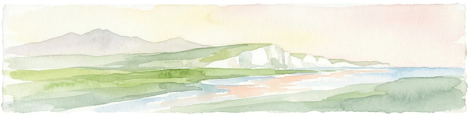 Watercolor illustration of a coastal landscape featuring green hills, white cliffs, and a body of water