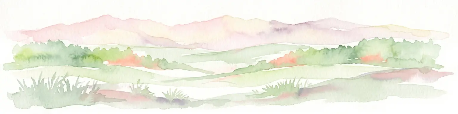 A watercolor illustration depicting rolling, soft hills and green vegetation with distant, faded mountains in the background, set against a plain white background.