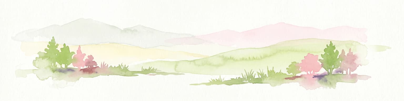 Ilustración en acuarela que muestra un paisaje con colinas verdes onduladas, montañas pálidas al fondo y grupos de árboles en suaves tonos de verde y rosa a los lados.