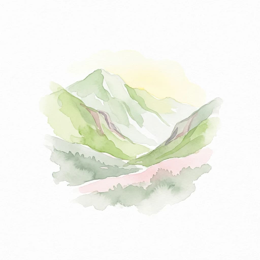 Watercolor illustration of green mountain slopes and a valley with light background