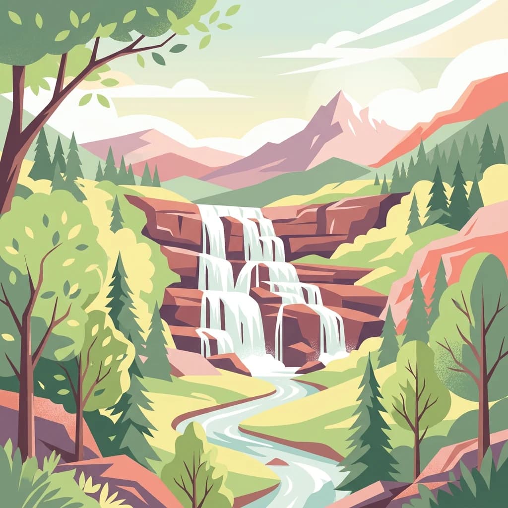 Illustrated multi-tiered waterfall surrounded by trees and mountains with a river flowing through a valley