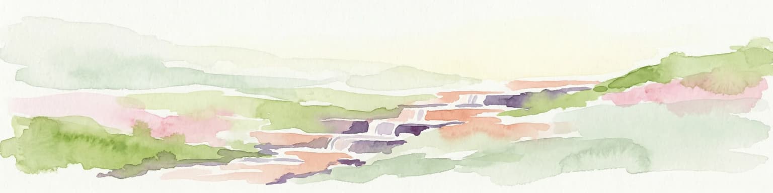 Watercolor illustration of rolling hills and a winding path with green and pink terrain