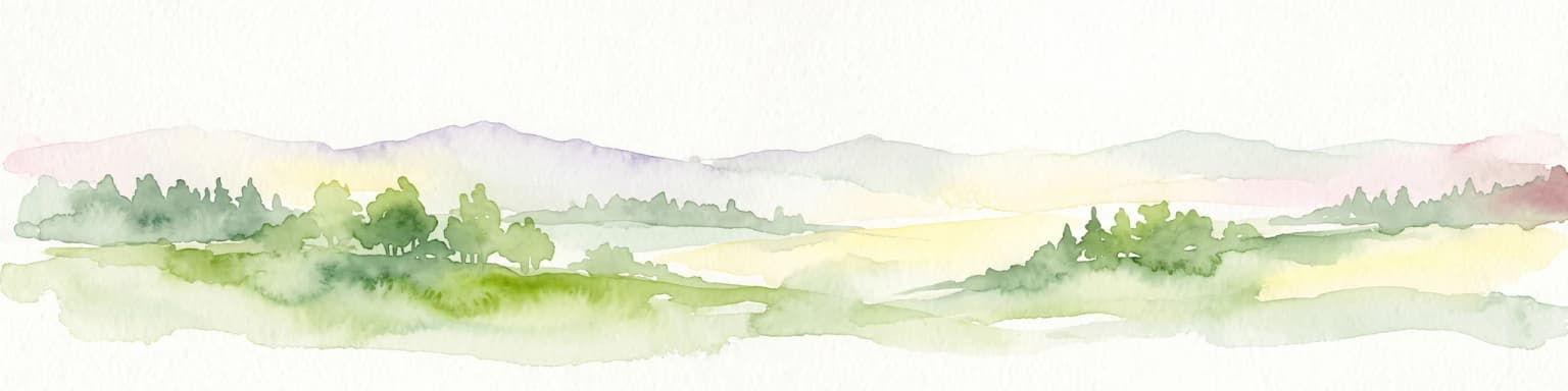 A horizontal watercolor illustration showing a soft, impressionistic landscape of green meadows, small clusters of trees, and pale, distant rolling hills.