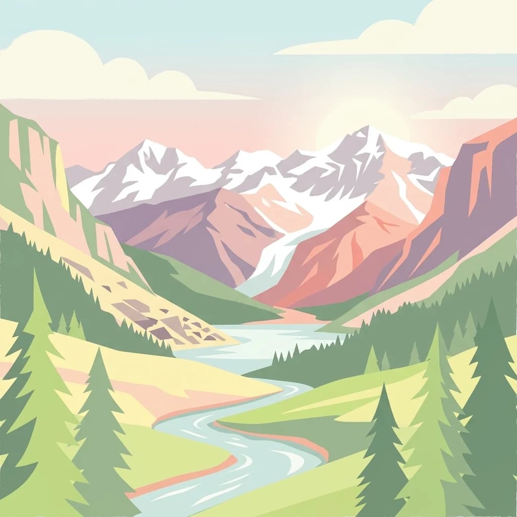Stylized illustration of a mountain valley with snow-capped peaks, winding river, coniferous forests, and green meadows