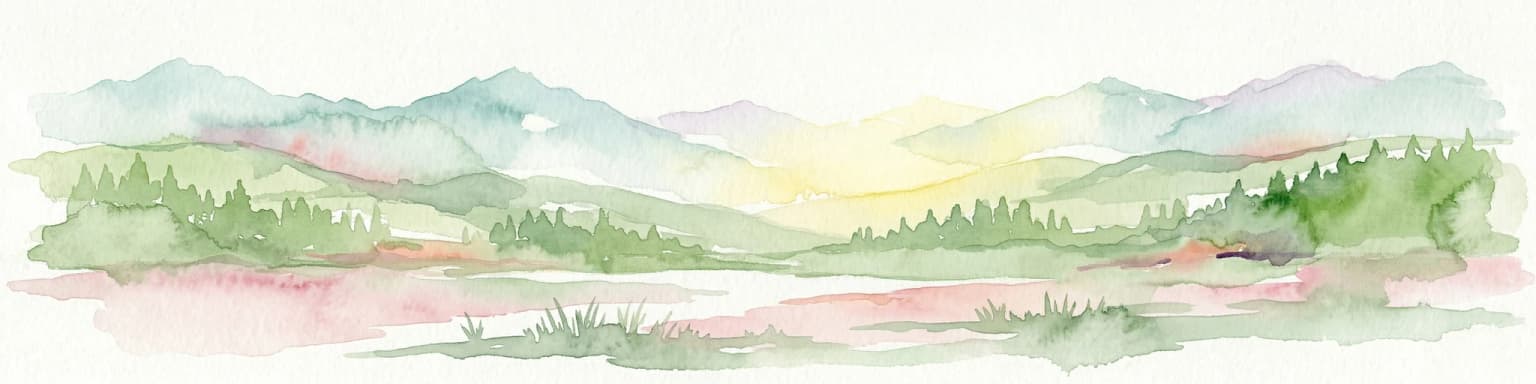 Watercolor painting of a mountain range with a lake, green hills, and a sunset sky