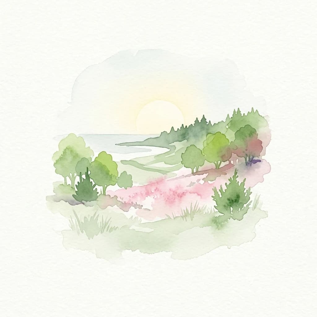 Watercolor painting of a coastal landscape featuring green trees, a sunset over the sea, and pink grasses