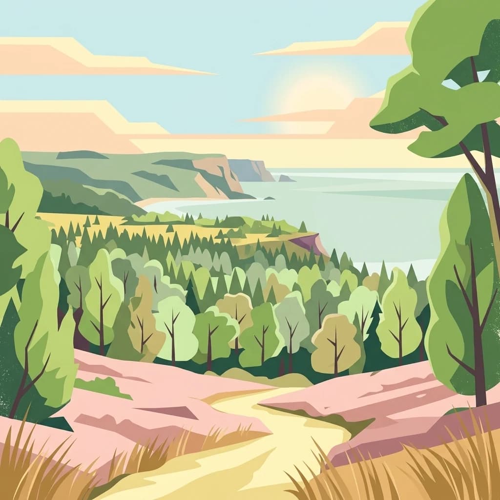 Illustration showing a winding path through forested terrain leading to a coastal view with cliffs and water