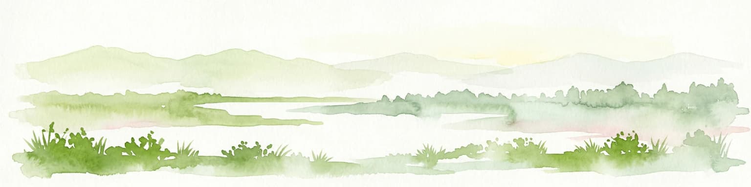 Watercolor illustration of a landscape with green hills, water, and vegetation