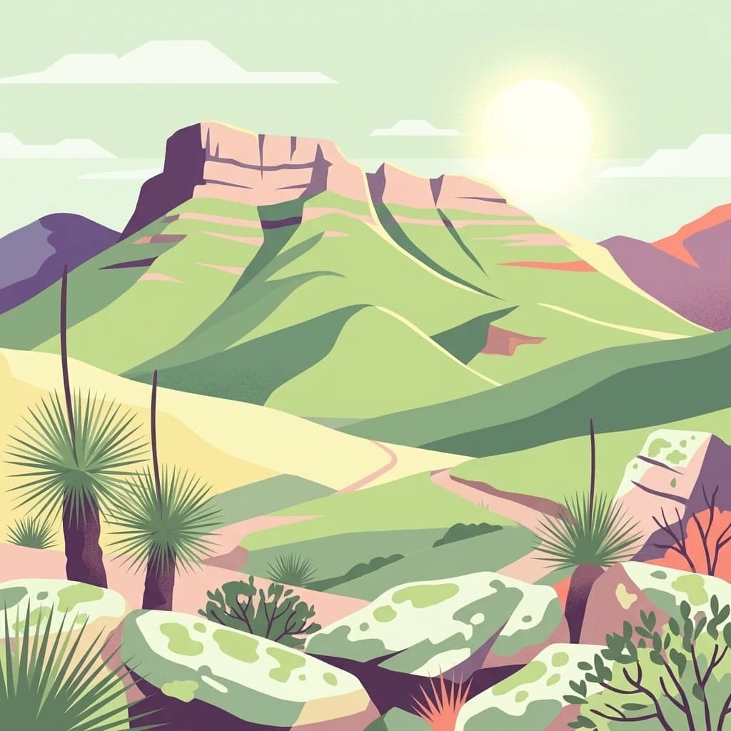 Ilustración del Parque Nacional Stirling Range que muestra una cordillera con colinas verdes, formaciones rocosas, vegetación nativa y un cielo soleado