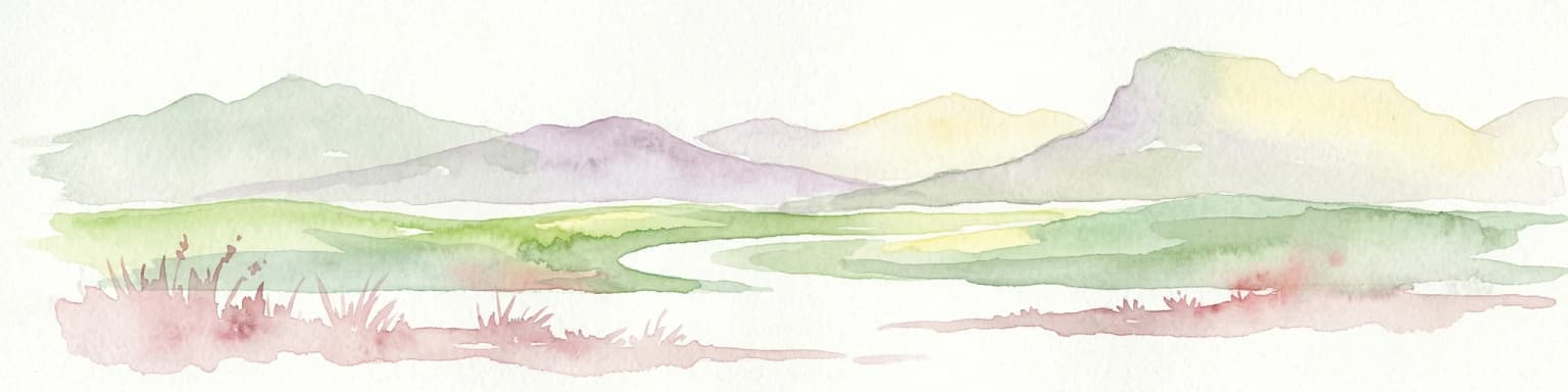 Watercolor illustration showing a landscape with mountains, a winding river, and grassy fields.