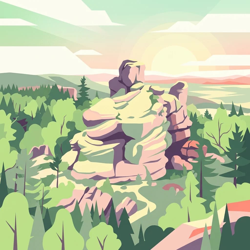 Illustration of large sandstone rock formations surrounded by green forest trees under a sky with light clouds