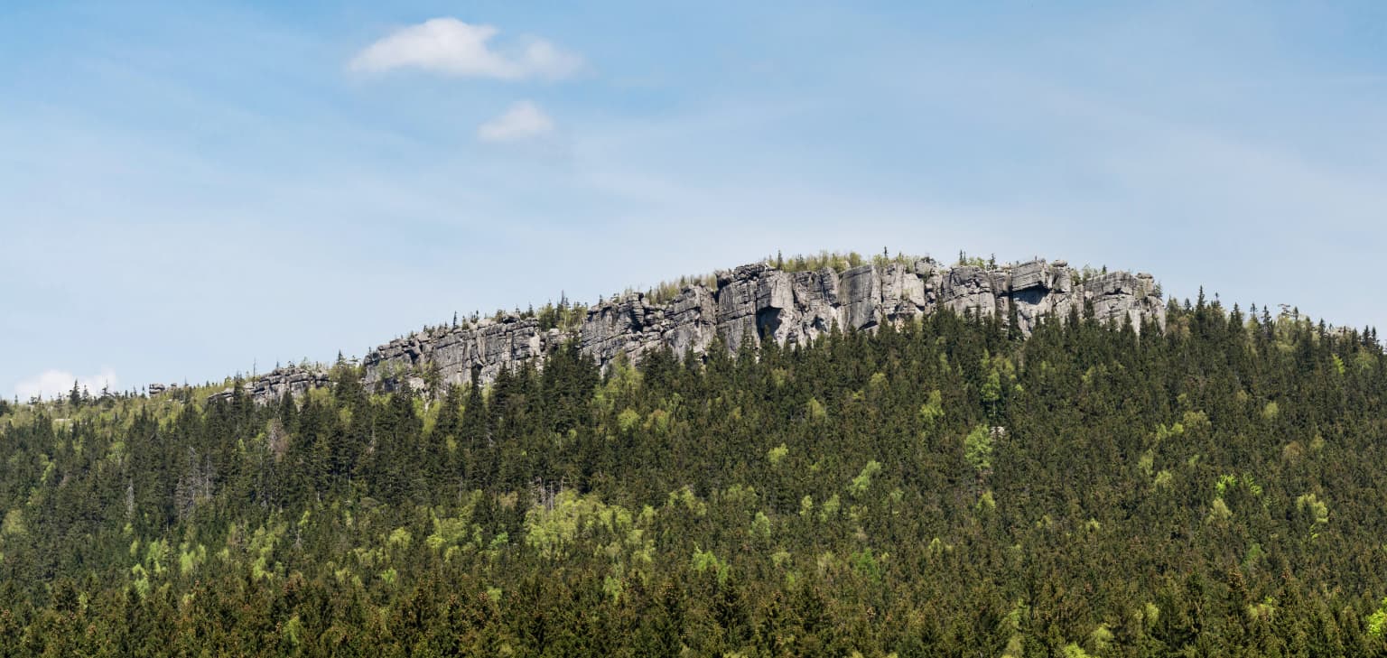 A wide landscape view of a rocky mountain summit with dense forest below under a clear blue sky