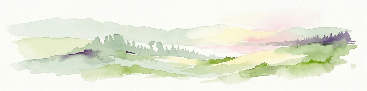 Watercolor artwork depicting a landscape with green hills, distant mountains, and pastel sky