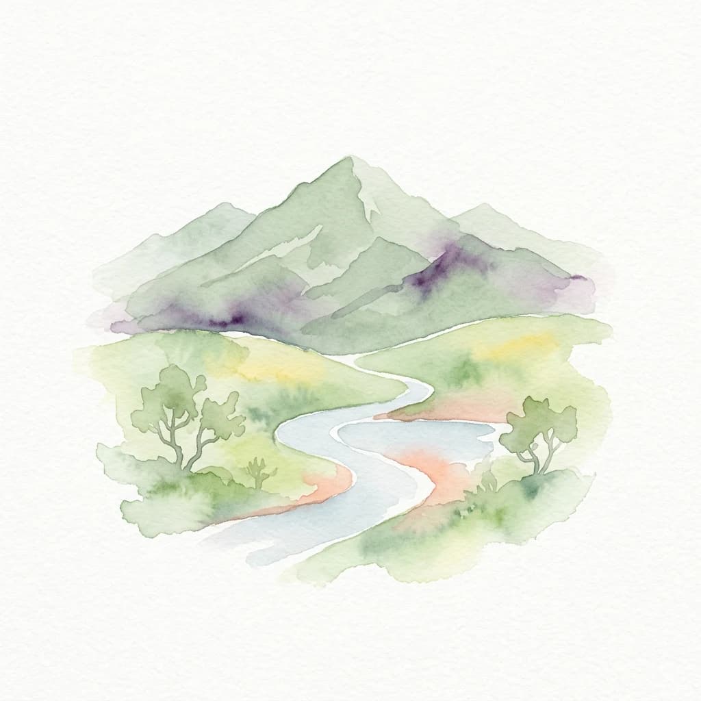 Watercolor illustration of mountains, a winding river, and trees