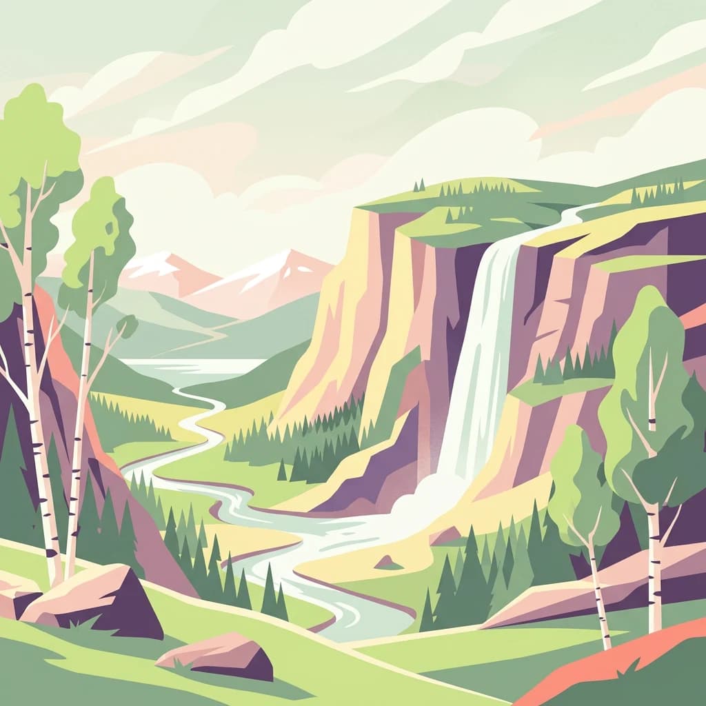 Illustrated landscape showing a waterfall flowing from cliffs into a valley with a river, trees, and mountains in the background