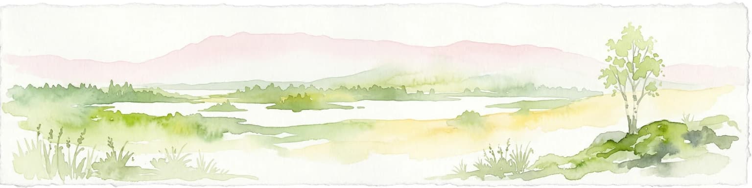 Watercolor painting of a landscape featuring a body of water, green fields, a single tree, and distant mountains under a light sky