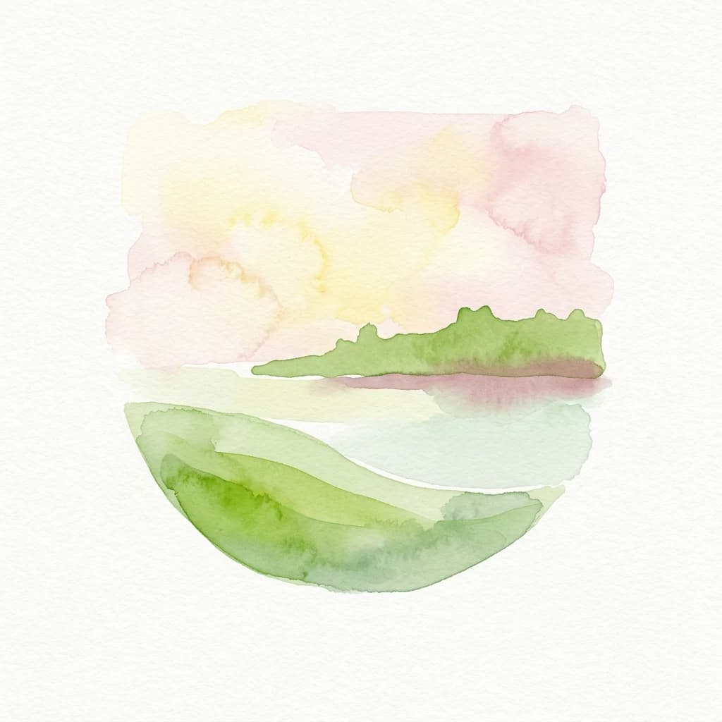 Watercolor illustration of a landscape with green hills and a pink sky over a body of water