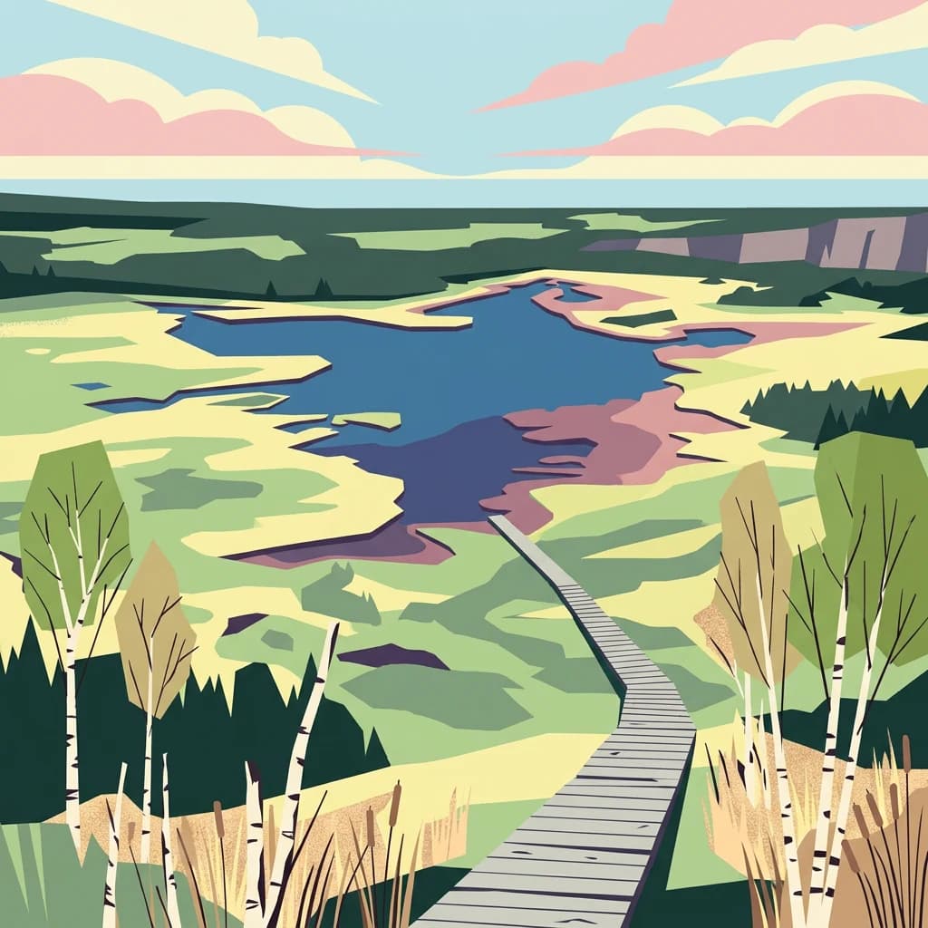 Illustrated view of a wooden boardwalk across a boggy wetland area with birch trees, surrounded by forested hills and a blue lake under a sky with pink and blue clouds