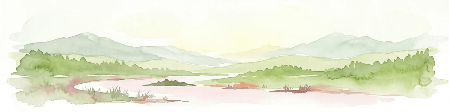 Watercolor painting of a landscape featuring mountains, wetland, and forest