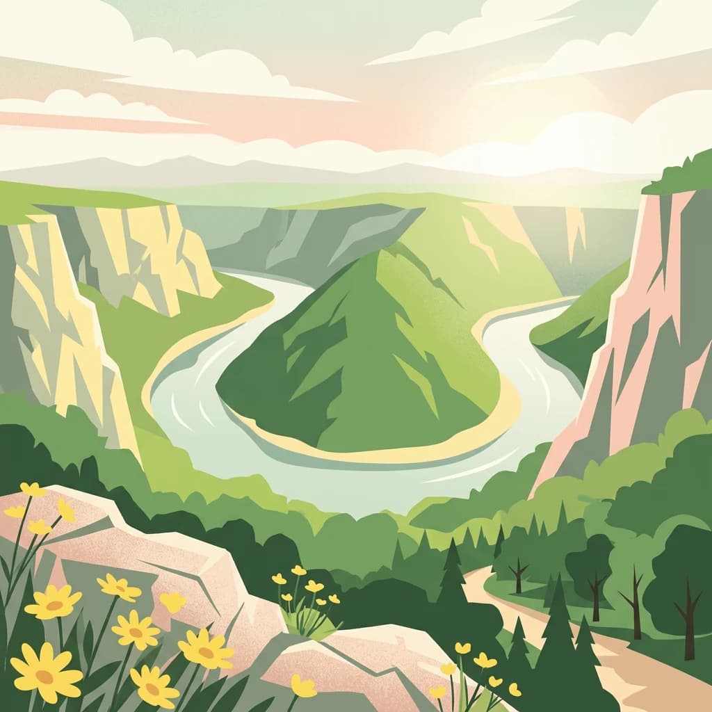 Illustrated view of a winding river flowing through a mountain canyon with steep cliffs, green hills, yellow flowers in the foreground, and a partly cloudy sky