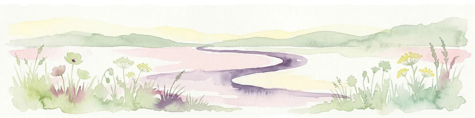 Watercolor illustration of a winding river through grassy fields with wildflowers and distant hills