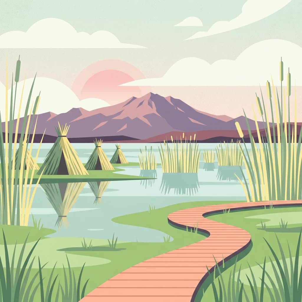 Stylized illustration showing a wooden boardwalk winding through a wetland with tall reeds, calm water reflecting the boardwalk, and mountains under a partly cloudy sky